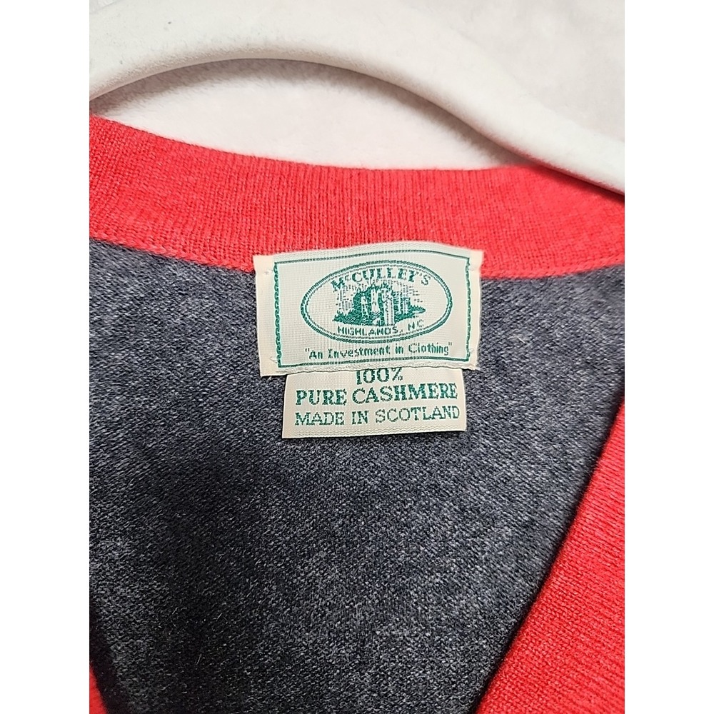 Vintage McCulley's 100% Cashmere‎ Button Up Cardigan Gray W/ Red Trim  Small